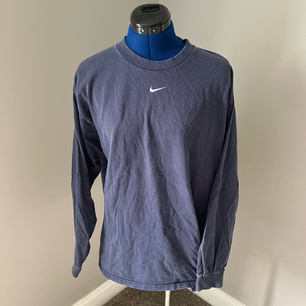 Vintage Nike Silver Tag Navy Blue Long Sleeve Shirt Center Swoosh